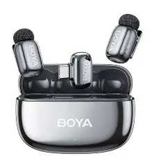 Silver BOYA Mini case open with black interior, two small silver microphones with black mesh heads and a small central receiver