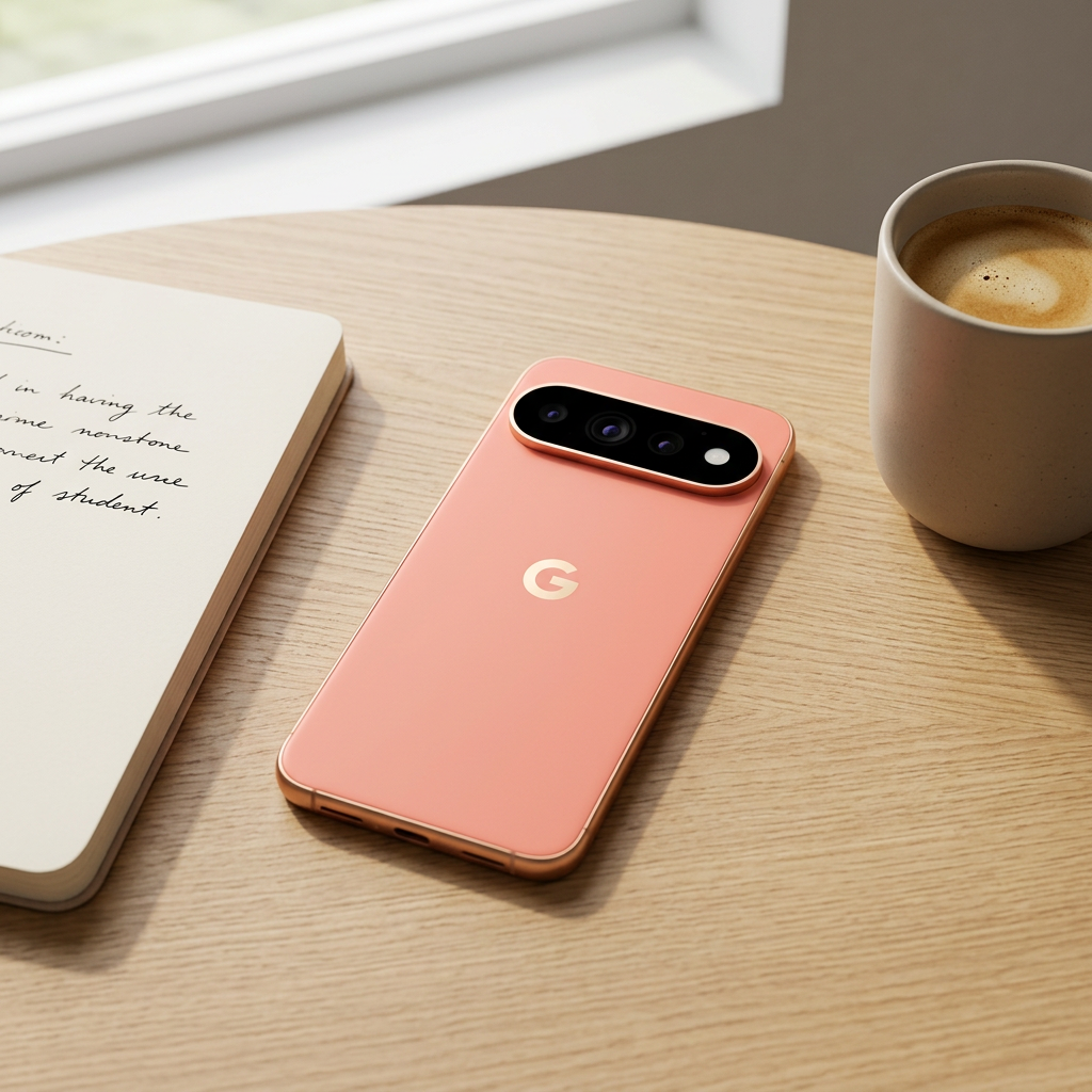 AI-generated Pixel 11 Pro lifestyle illustration beside notebook and coffee.