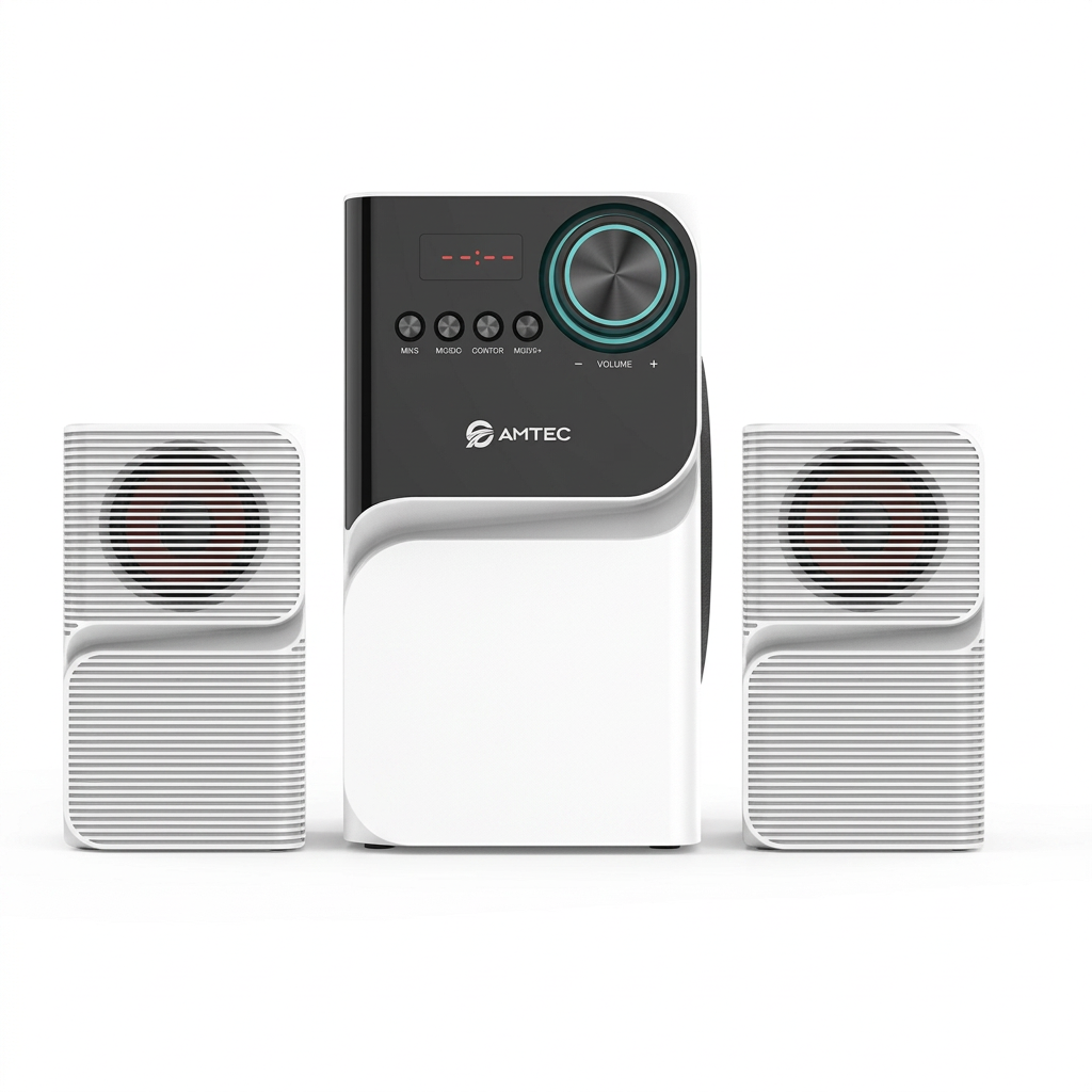AI-edited Amtec AM-005 white-and-black subwoofer and two satellites on white, display off.