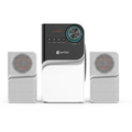 AI-edited Amtec AM-005 white-and-black subwoofer and two satellites on white, display off.
