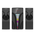 AI-edited V5204 main woofer and two upright satellite speakers on white, based on saved reference.