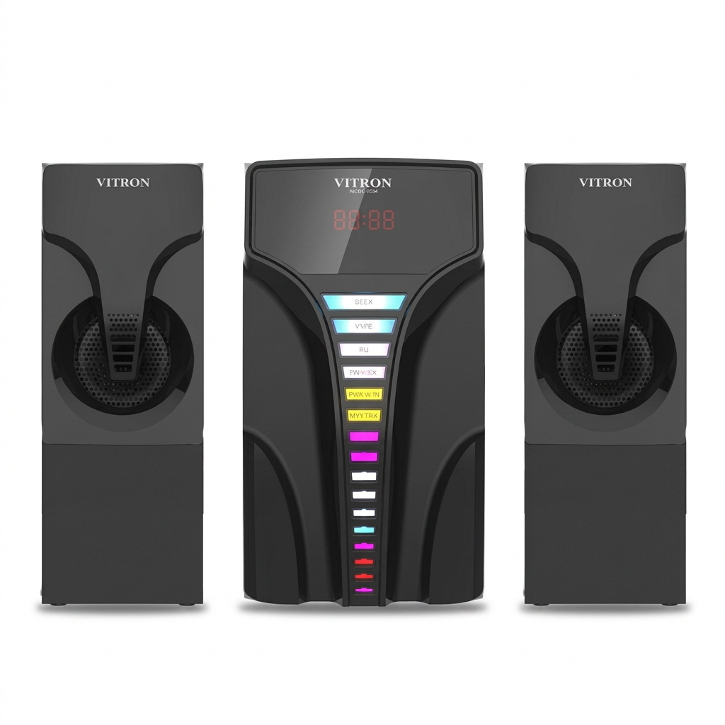 AI-edited V5204 main woofer and two upright satellite speakers on white, based on saved reference.