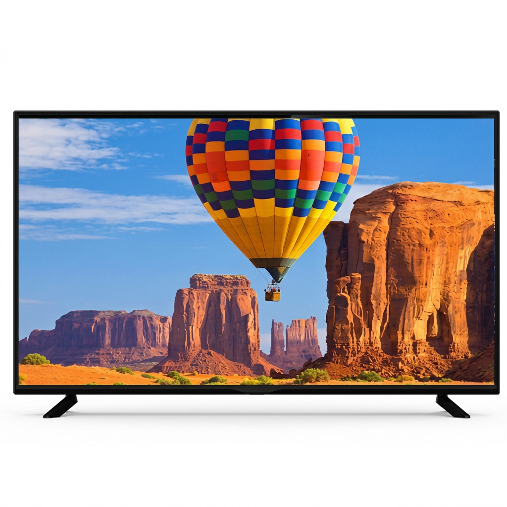 AI-edited Syinix TV front view on white based on main saved reference; balloon screen illustrative.