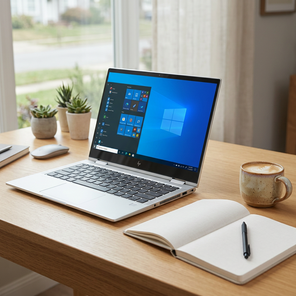 Silver HP laptop open on a home-office desk beside a notebook and coffee cup.