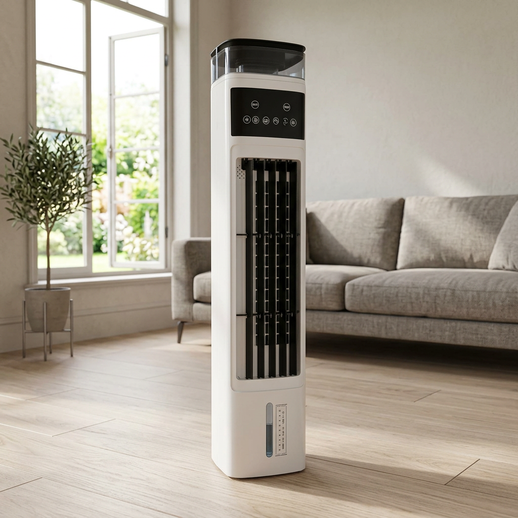 AI-generated reference-based Starworth tower air cooler in an illustrative ventilated living room