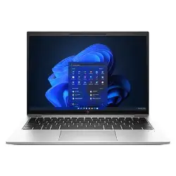 Silver HP laptop viewed from the front, open on a white background.