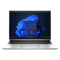 Silver HP laptop viewed from the front, open on a white background.