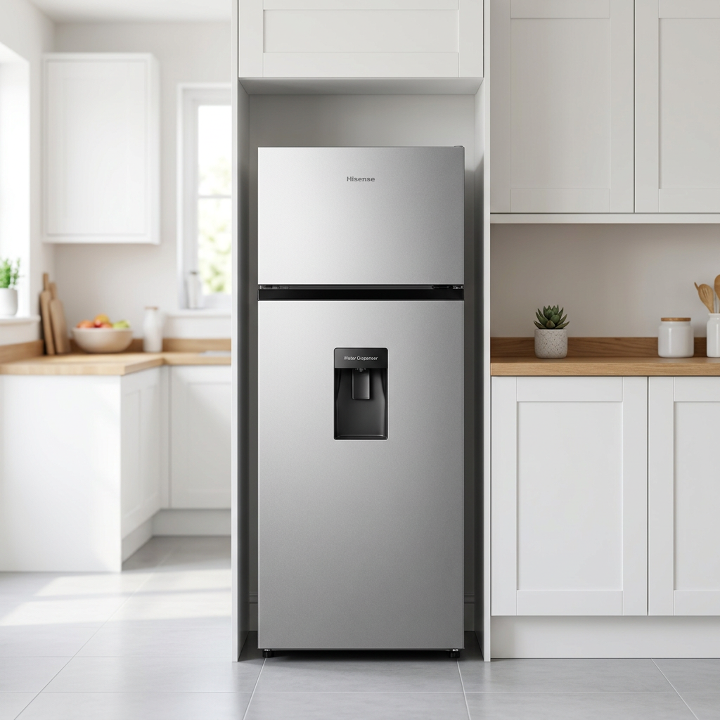 AI-edited Hisense silver dispenser refrigerator in kitchen; furnishings not included.