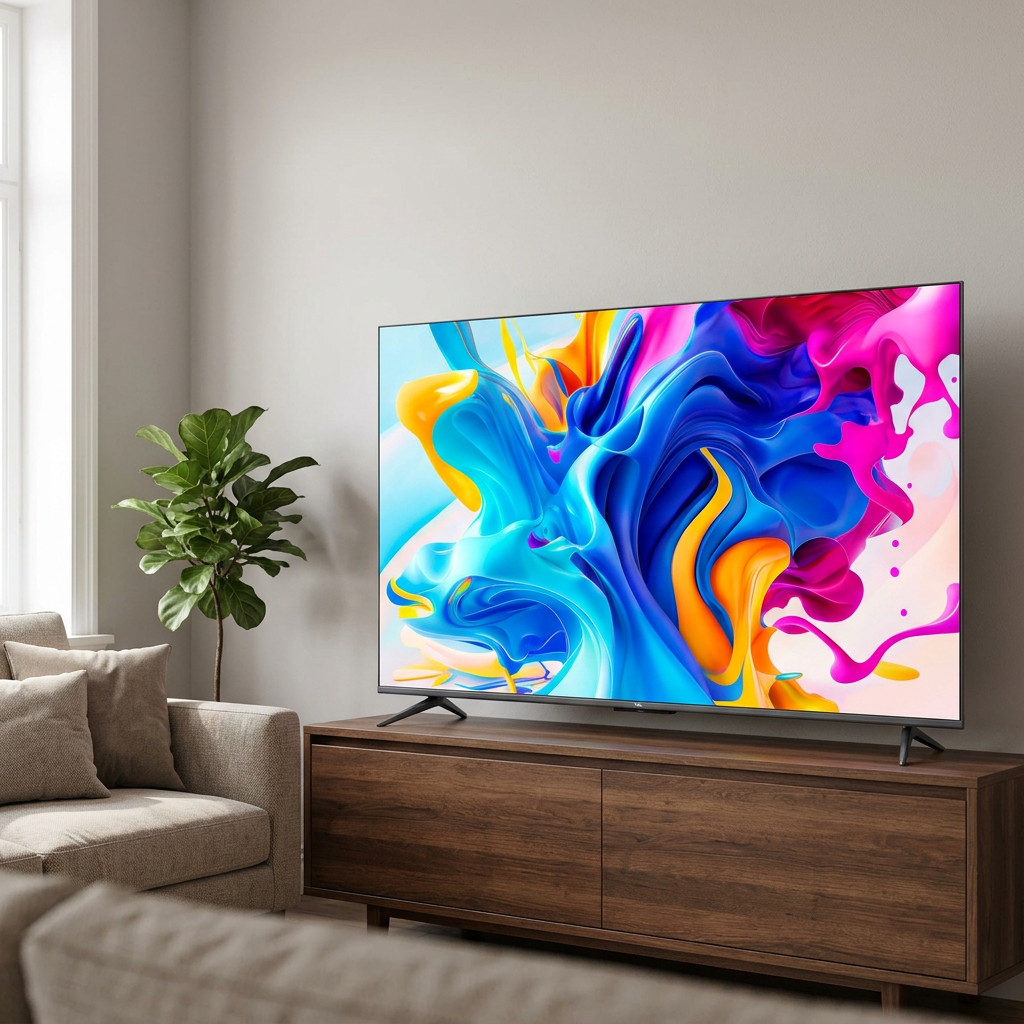 AI-edited TCL 55C645 in living room; screen content illustrative and furnishings not included.
