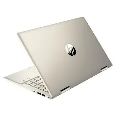 Silver HP Pavilion laptop shown from a rear three-quarter angle on white.