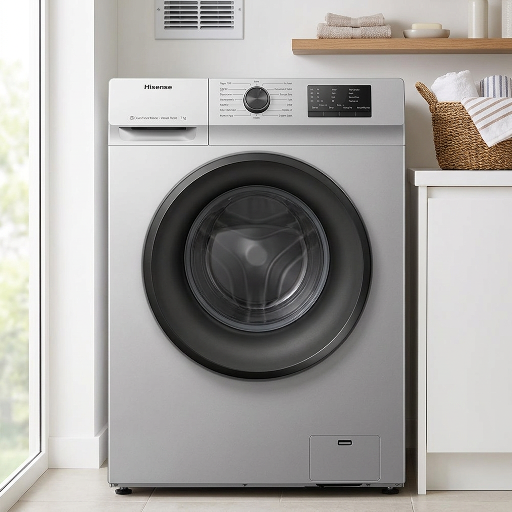 AI-edited silver Hisense washer in a laundry room; furniture towels basket and decor excluded.
