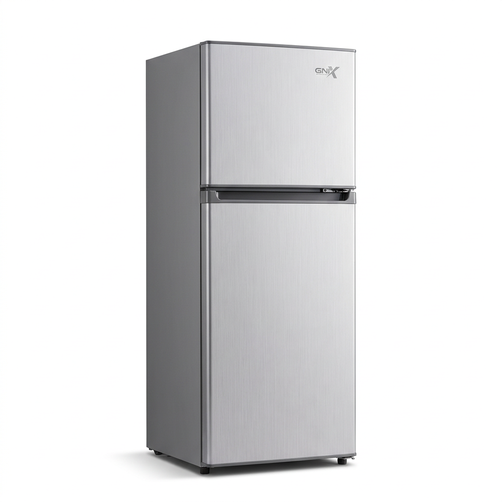 AI-edited GNIX FR-211DF silver 181L refrigerator, closed-door normal view