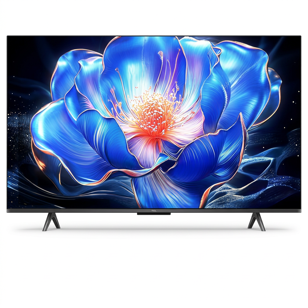 AI-edited TCL TV front view on white based on main reference; blue flower screen illustrative.