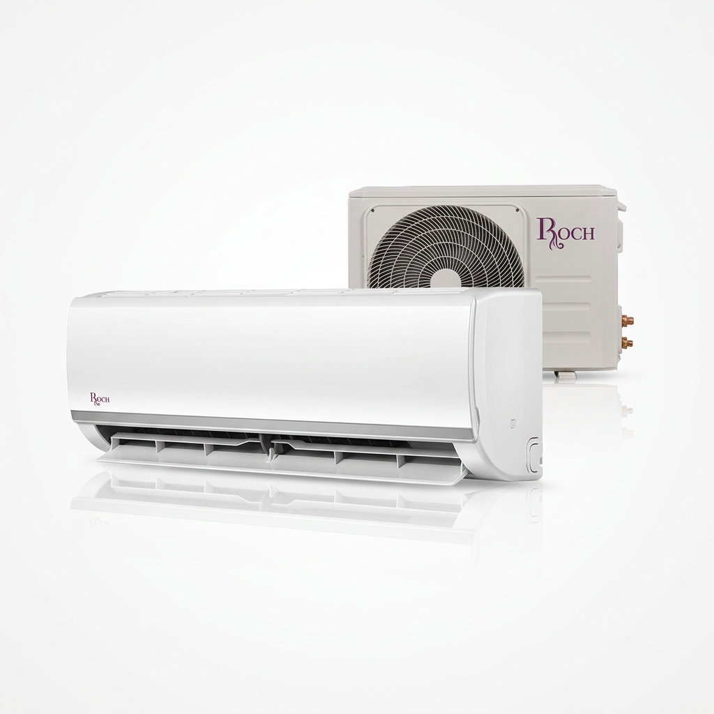 AI-edited ROCH split air conditioner with airflow louver open and casing intact