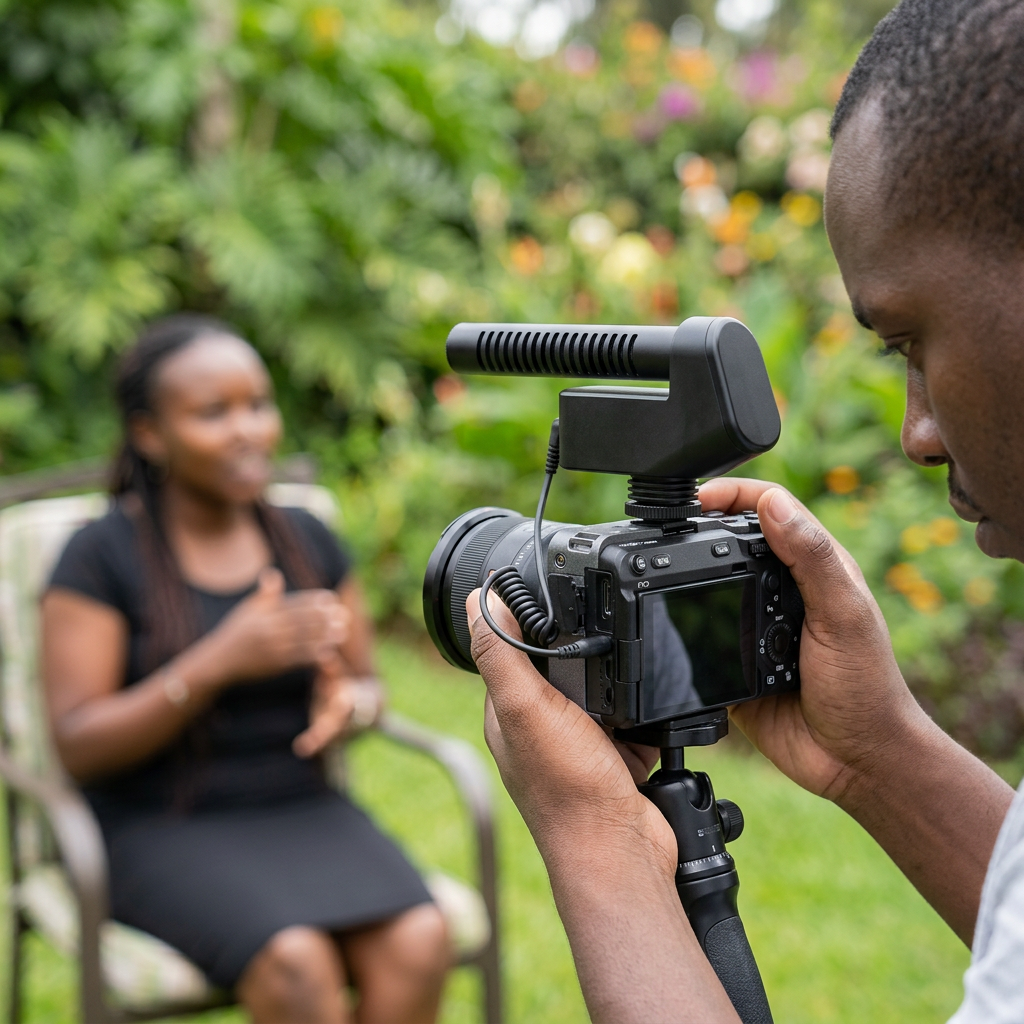 AI-generated illustration of a videographer recording an outdoor interview with a BOYA VM600 mounted on a camera