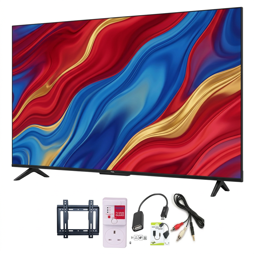 AI-edited angled TV with wall bracket, TV guard, OTG adapter and AV cable; appearance illustrative.