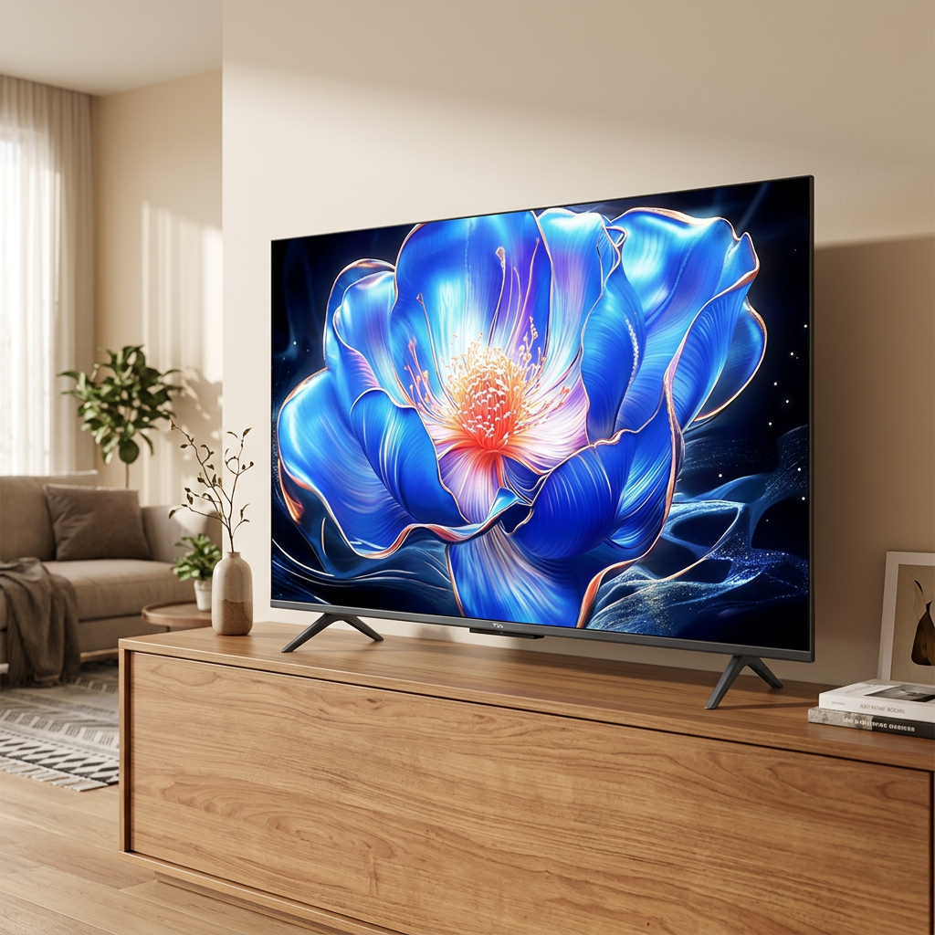 AI-edited TCL TV living-room illustration; screen illustrative, furniture and decor not included.