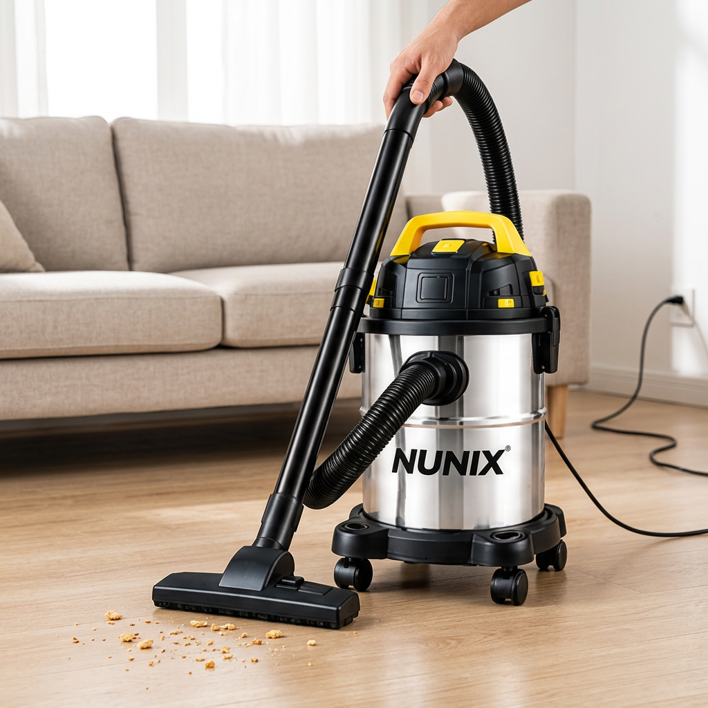 AI-generated reference-based Nunix vacuum in an illustrative dry-floor cleaning scene