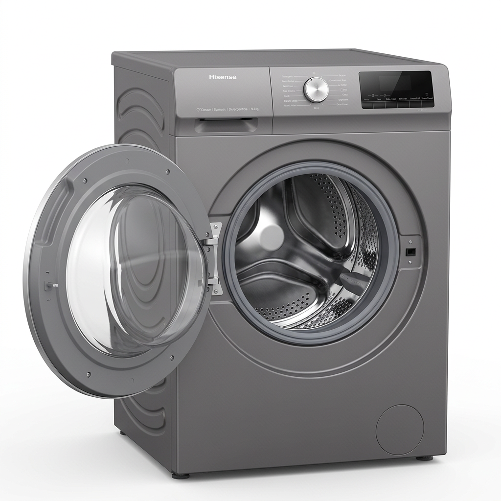 AI-edited grey Hisense washer door open; drum gasket and hinge details illustrative.