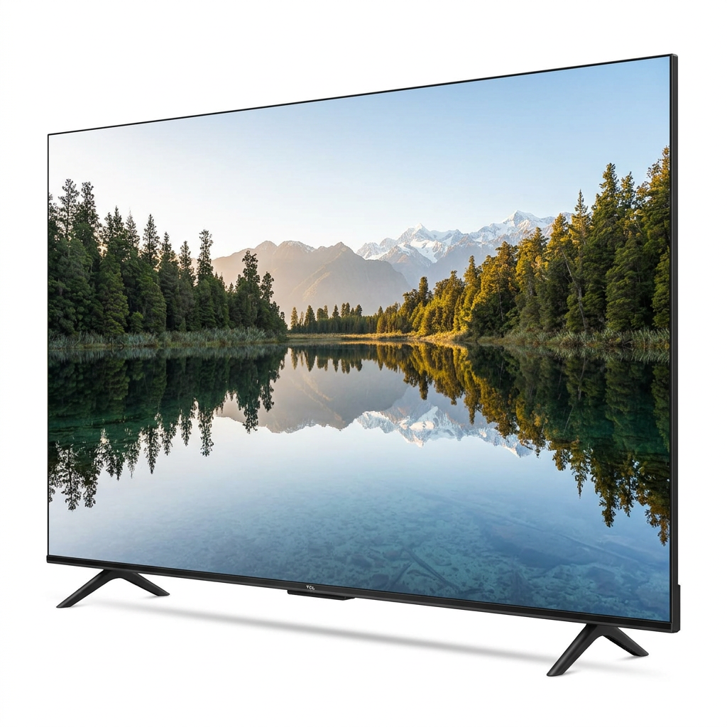 AI-edited angled TCL P635 television on white; screen and depth illustrative.