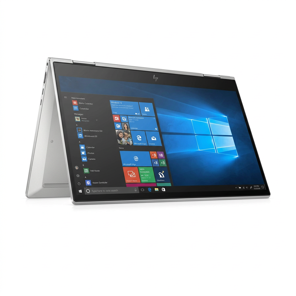 Silver HP convertible laptop in tent mode on a white background.