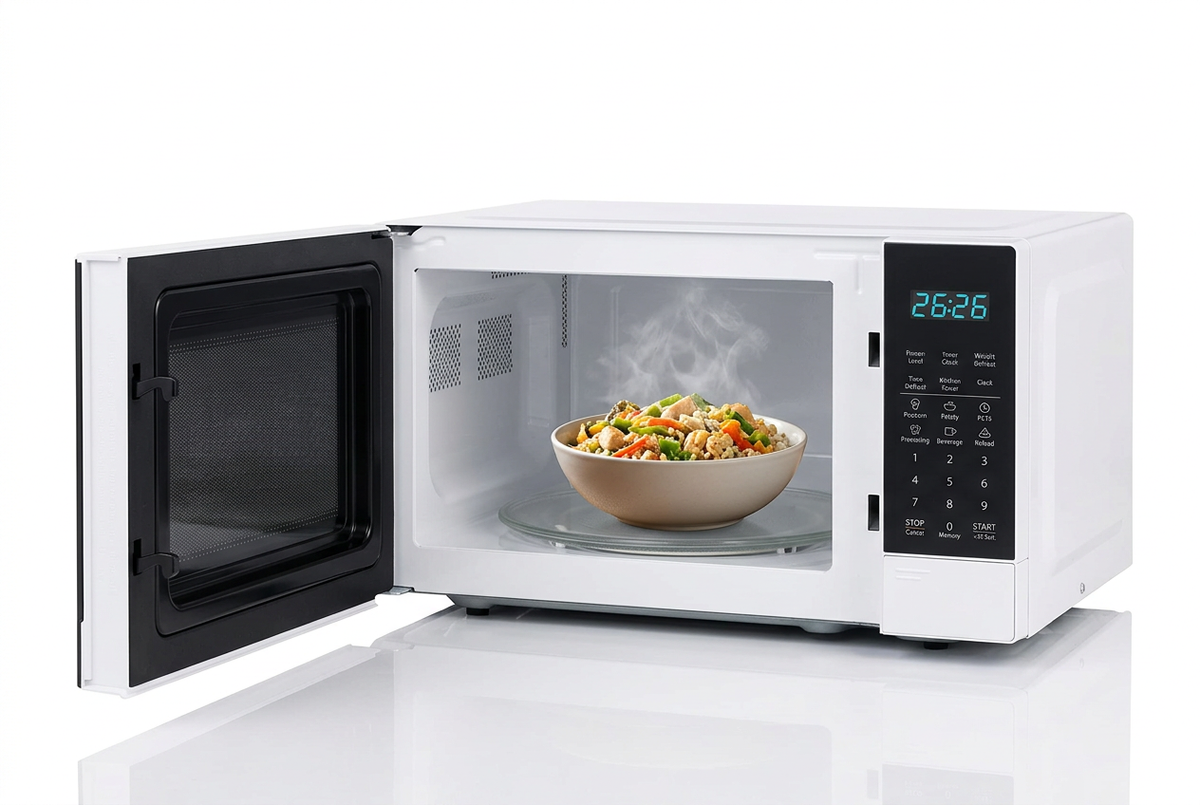 Hisense 20L White Microwave Oven - Door Open with Food
