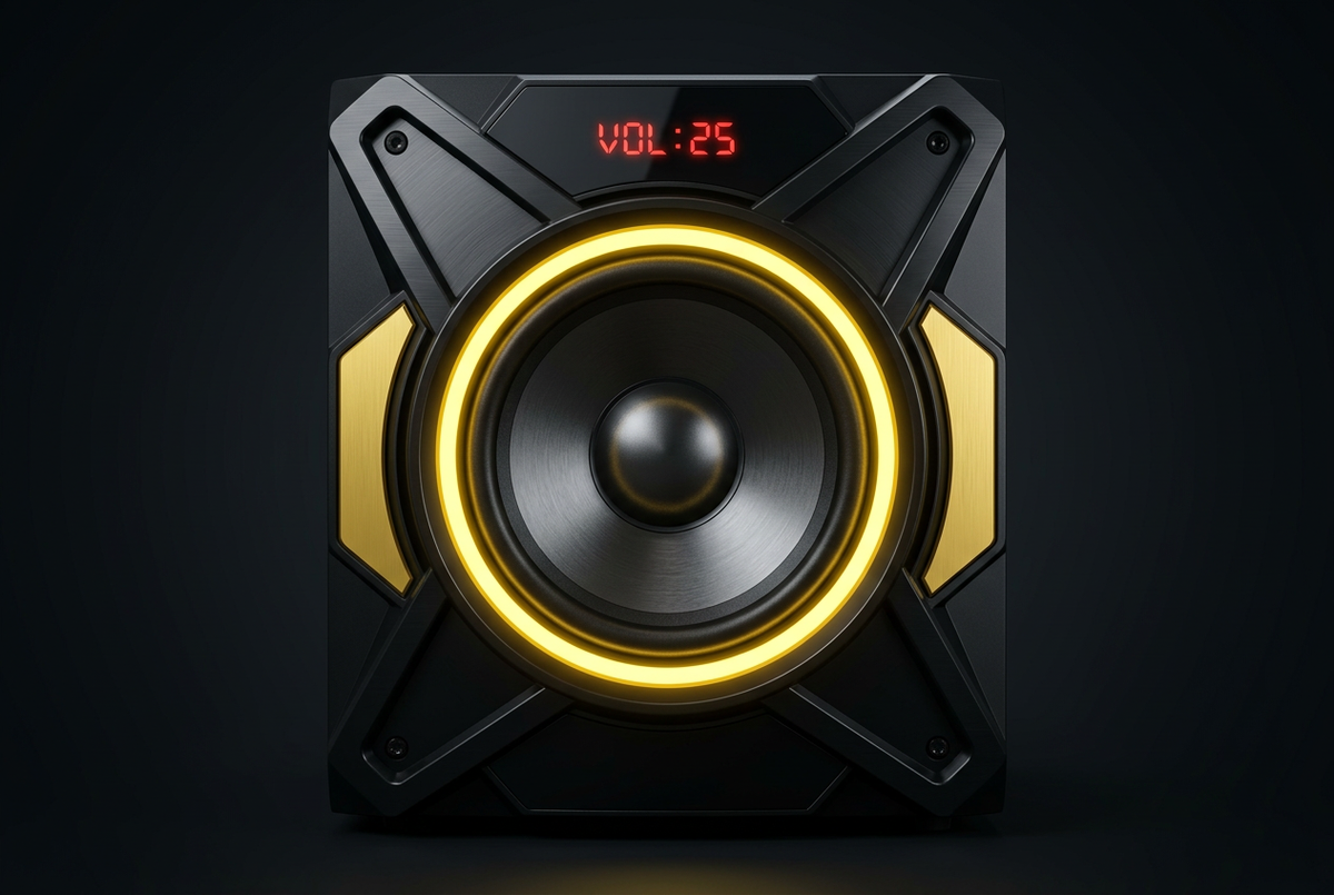 Amtec AM-010 3.1CH Multimedia Speaker System - Subwoofer Close-up Yellow Gold LED Detail