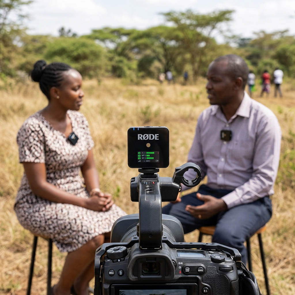 AI-generated illustration of an outdoor interview using a RØDE Wireless GO Gen 3 microphone system