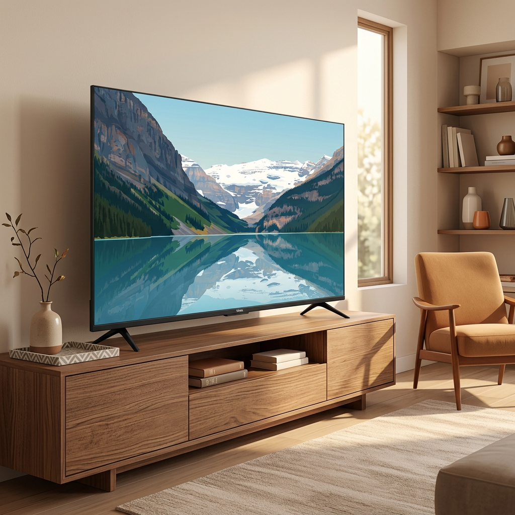 AI-edited Vitron television living-room illustration; furniture not included, screen and scale illustrative.