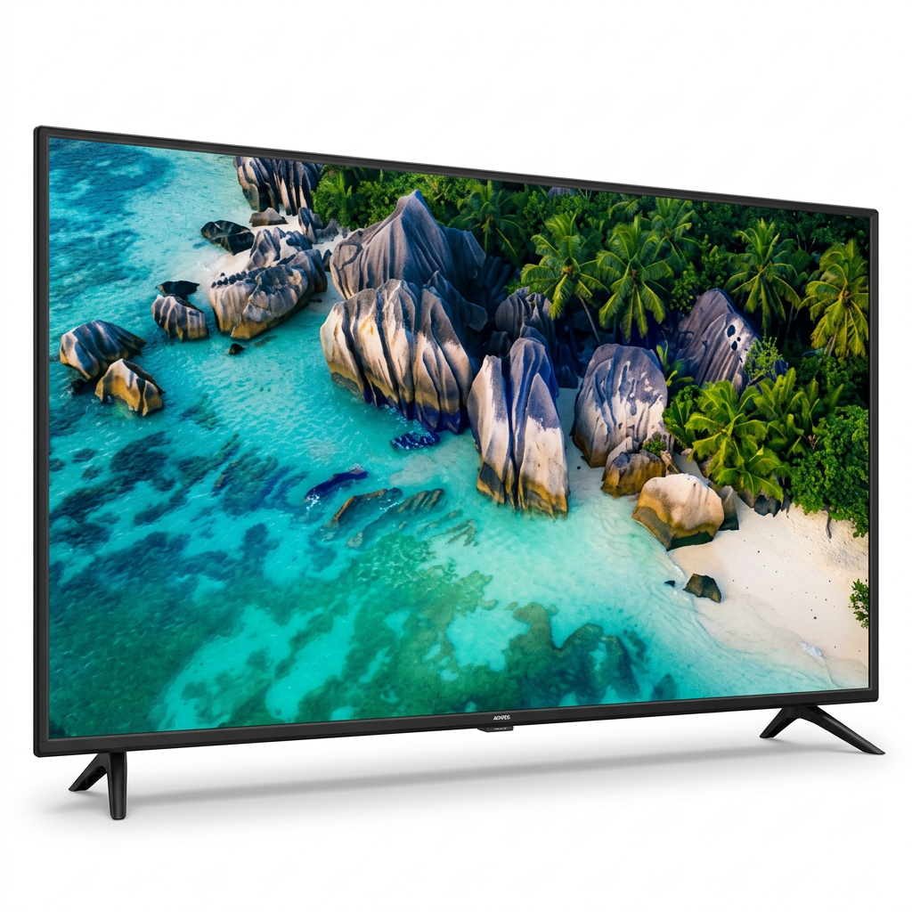 AI-edited angled Amtec TV on white based on main reference; screen illustrative.