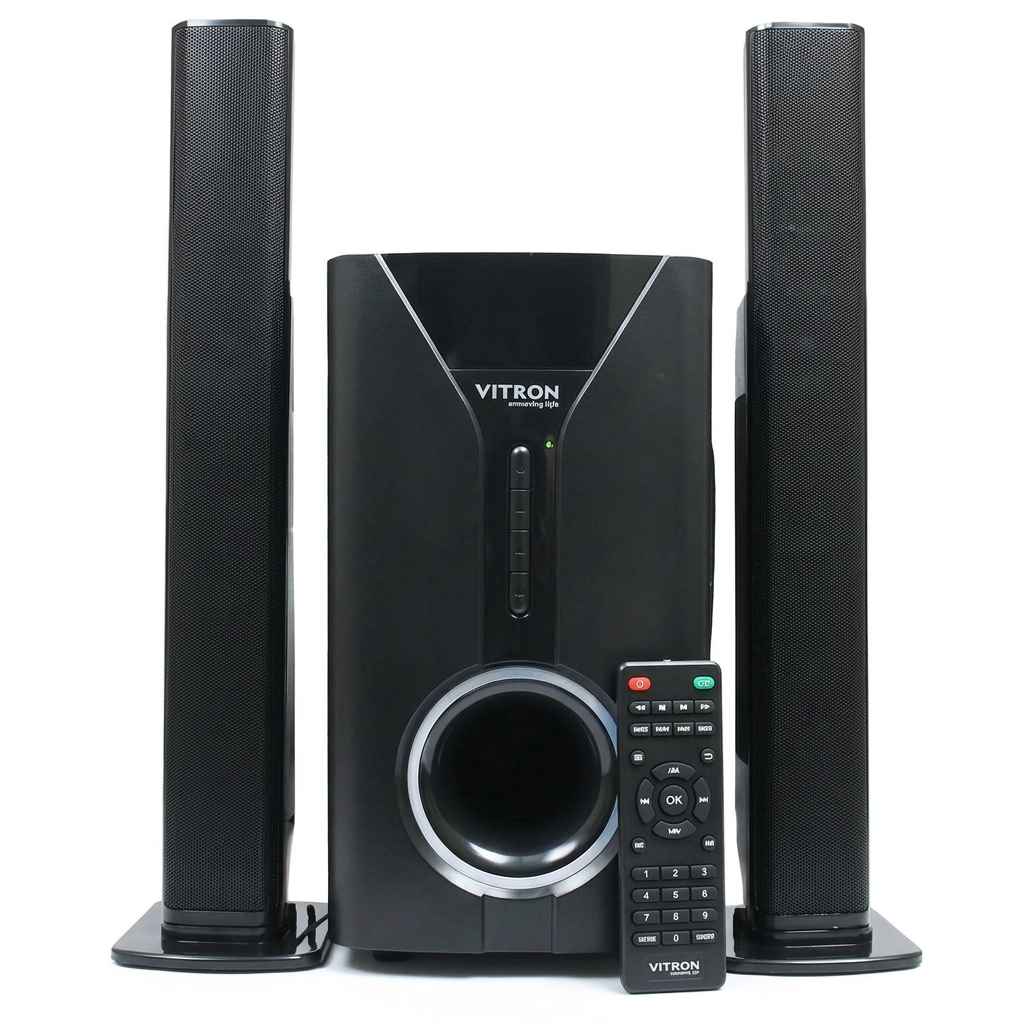 AI-edited illustrative powered-on view of Vitron V527 speaker system on white.