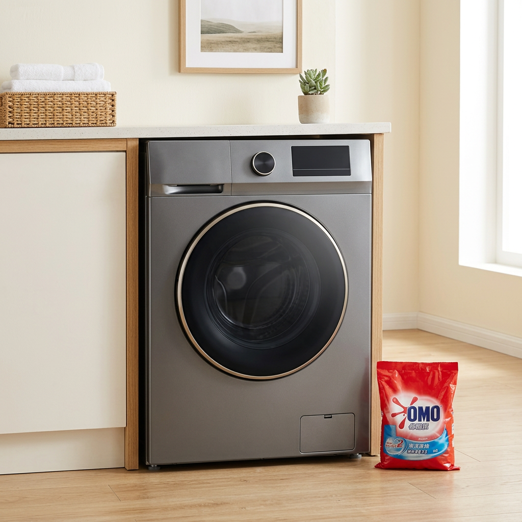 AI-edited uploaded appliance and detergent gift in laundry room; furniture and decor not included, scale illustrative.
