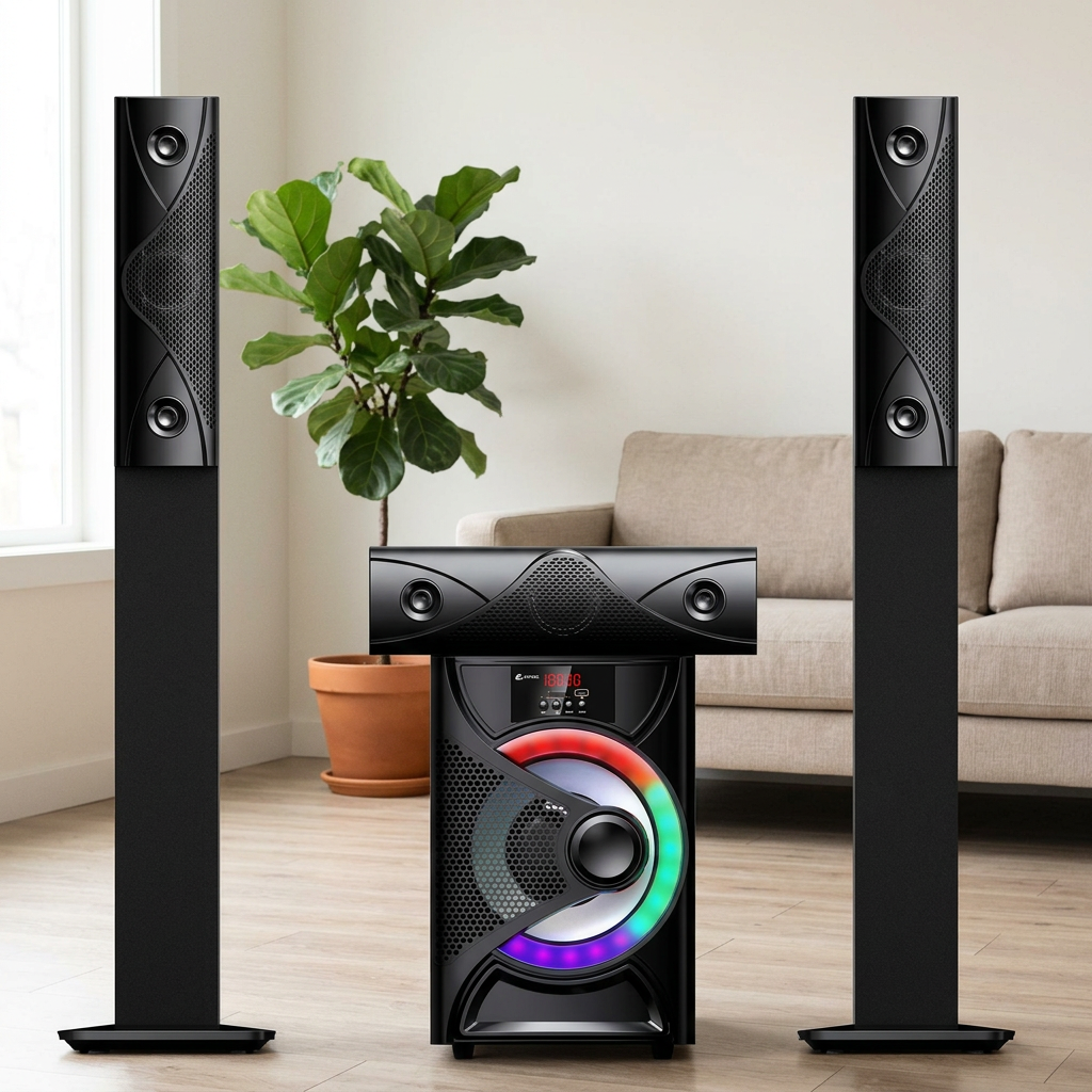 AI-edited Amtec AM-822 four-piece speaker system in living room; furnishings not included.