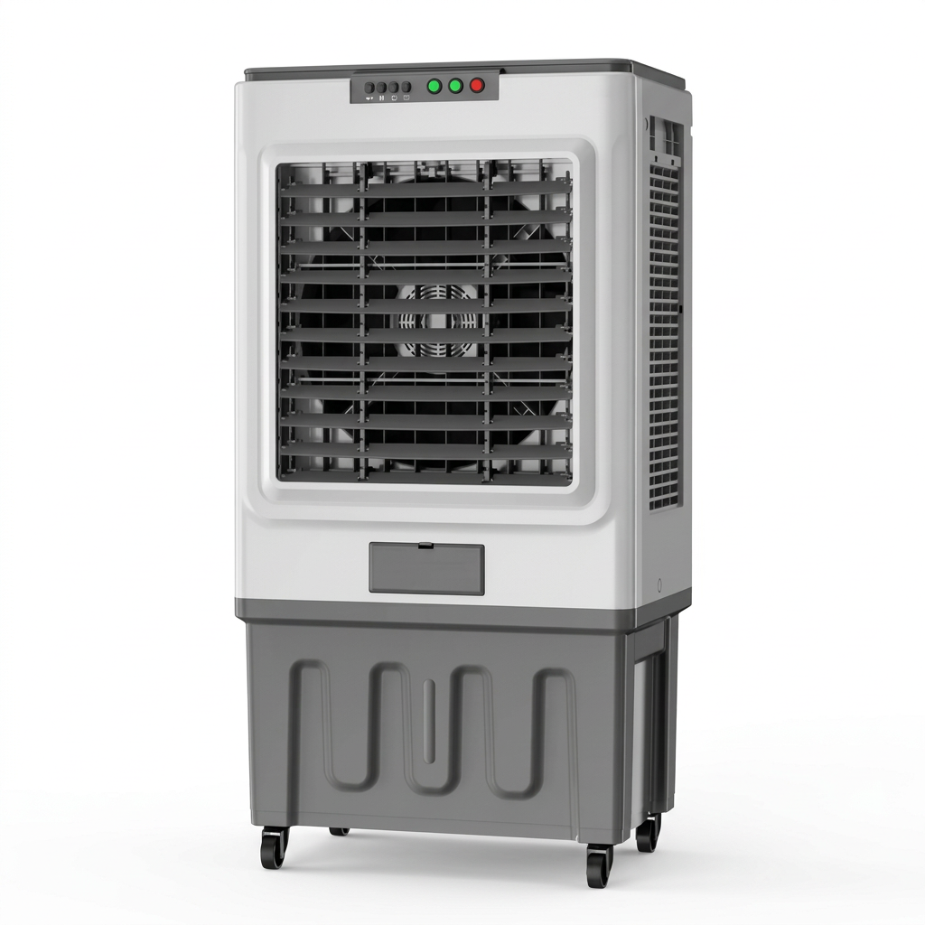 AI-edited first-reference grey 60L evaporative air cooler on caster wheels, normal view