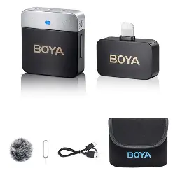 BOYA M1V5 black-and-silver transmitter, plug-in receiver, furry windshield, cable, clip accessory and BOYA pouch