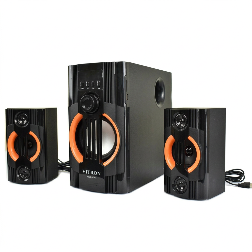 AI-edited Vitron V5201 subwoofer and two satellite speakers on white, normal view.