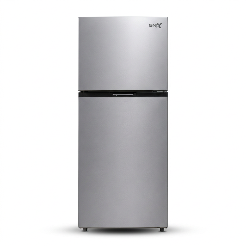 AI-edited GNIX 247L silver double-door top-freezer refrigerator closed on white.