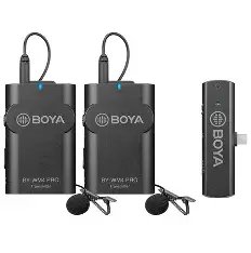 Two black BOYA bodypack transmitters with wired clip-on lavalier microphones and a slim plug-in receiver