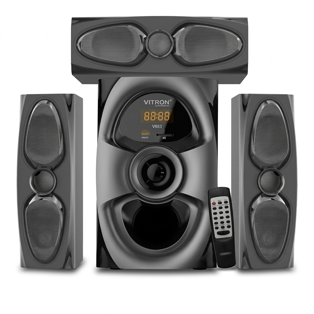 AI-edited V653 main woofer, two upright speakers, horizontal centre speaker and remote on white.