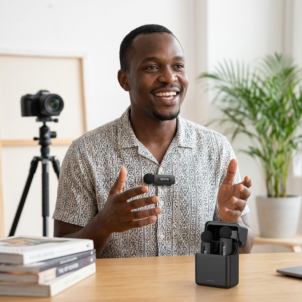 AI-generated illustration of a creator wearing a black BOYA V30 clip-on microphone with its case on a table