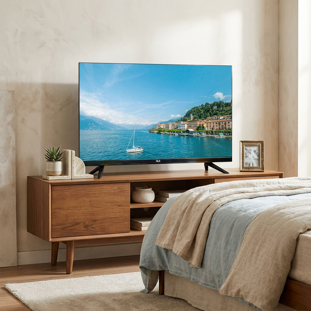 AI-edited GLD 24-inch television in bedroom; screen content illustrative and furnishings not included.