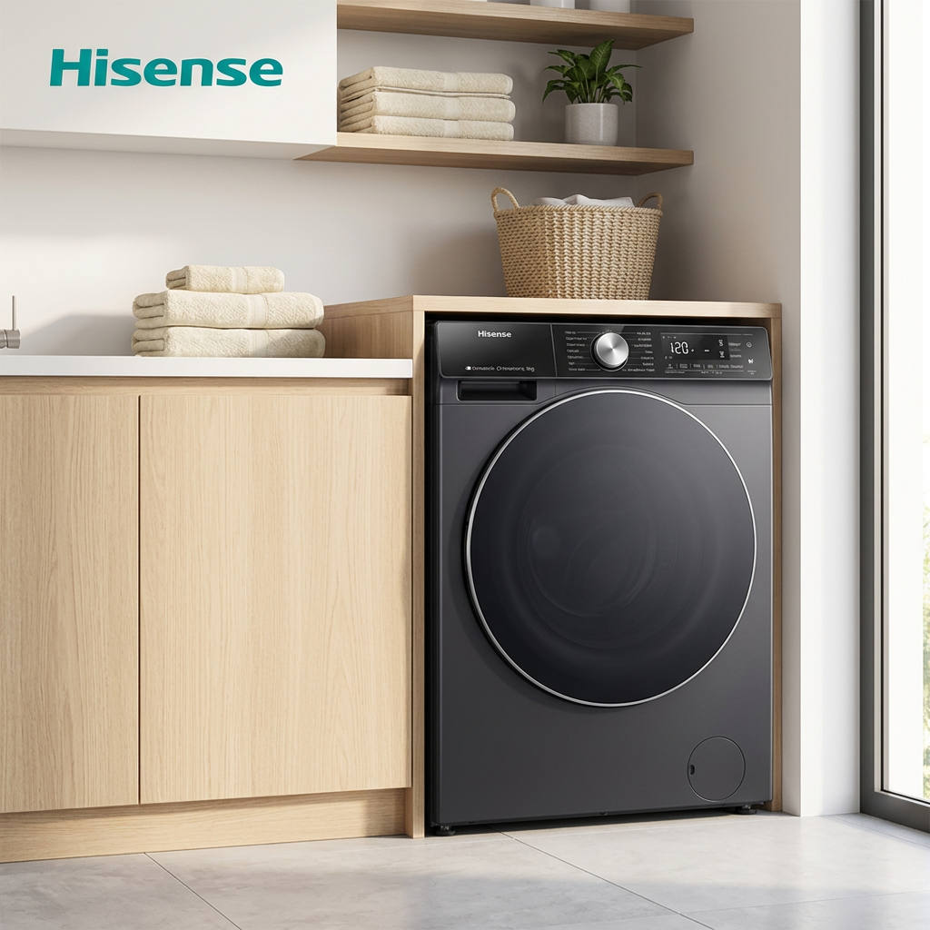 AI-edited charcoal Hisense appliance in laundry room; furniture basket towels and decor excluded.