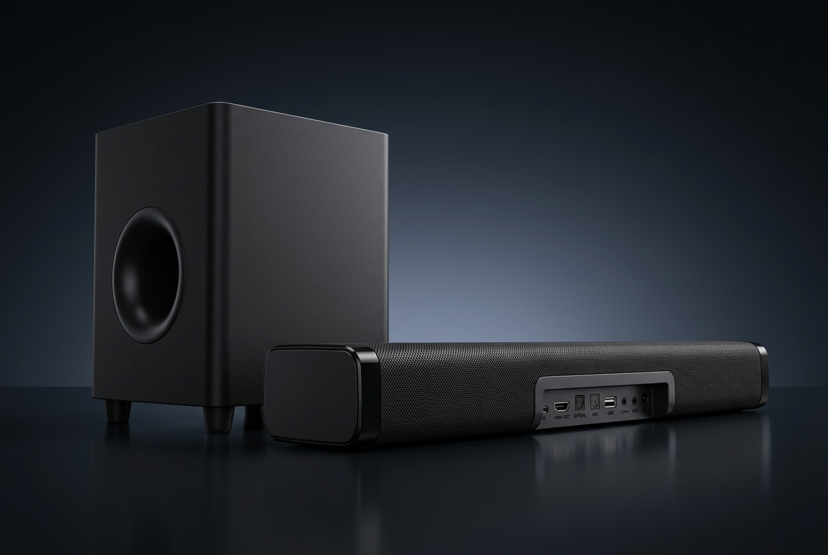 Hisense HS2100 Soundbar - Angled View with Ports