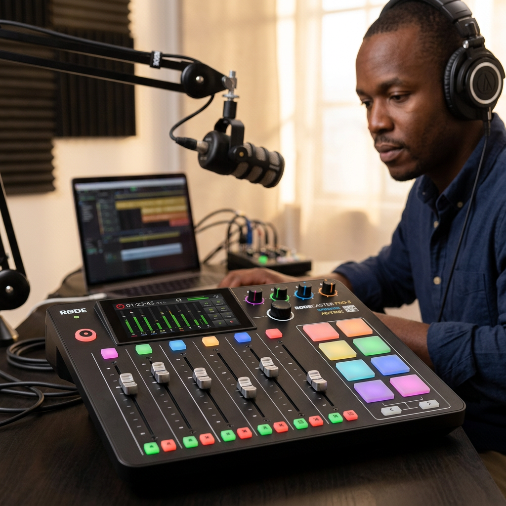 AI-generated illustration of a producer using a RØDECaster Pro II console at a podcast desk