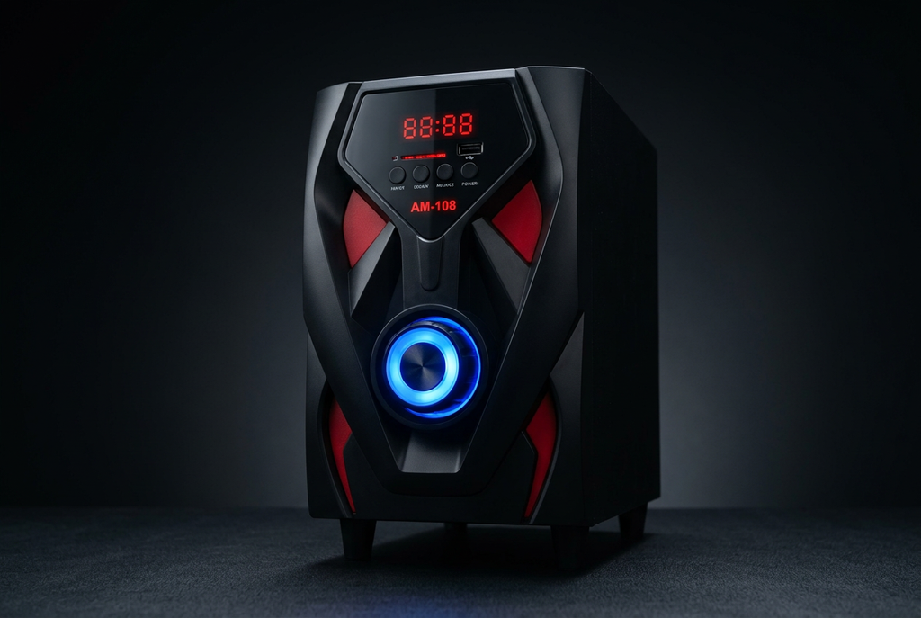 Amtec AM-108 2.1CH Multimedia Speaker System - Subwoofer Close-up with LED Detail