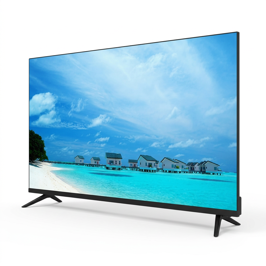 AI-edited angled illustration of Vision Plus TV with two feet and tropical beach screen on white background.