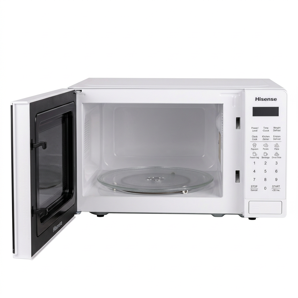AI-edited door-open illustration of white Hisense digital microwave; exact interior details may vary.