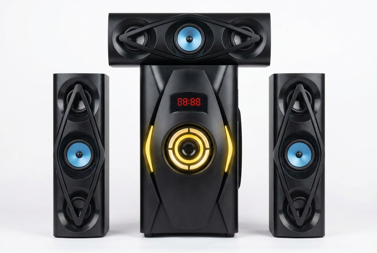 Amtec AM-010 3.1CH Multimedia Speaker System - Full System Front View Yellow Gold LED and Blue Tweeters
