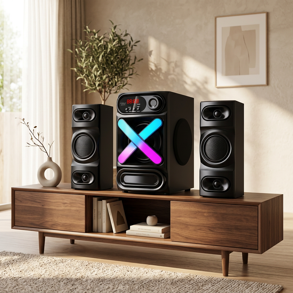 AI-edited V510 speaker set room illustration; furniture not included, scale illustrative.