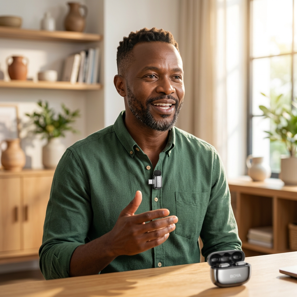 AI-generated illustration of a creator wearing a small silver BOYA Mini microphone with the case on a table